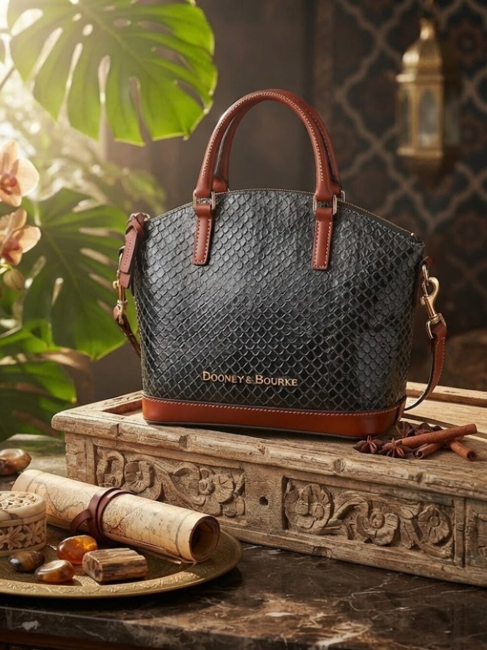 Dooney and Bourke Tony Zip Top Satchel Black Python Embossed Leather Sample Bag